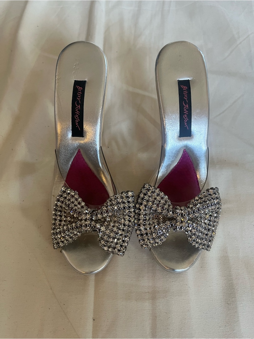 Vintage Betsey Johnson Silver Slide Mules with Crystal Bow and Pink Insole.Size8